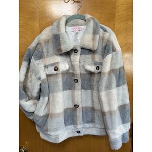 Pink Lily Womens Plushy‎ Button Up Shacket Jacket Earth Tone Plaid Sz L